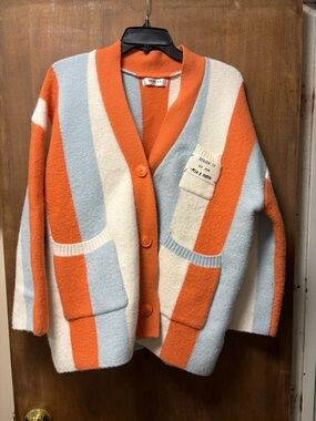 Striped Oversized Cardigan Sweater - Orange, Light Blue & Cream